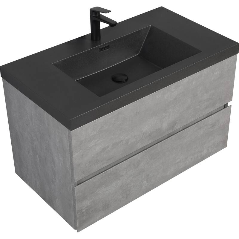 24/30/36/48/60 inch Melamine Floating Bathroom Vanity with Sink and Black Quartz Sand Top Basin and Soft Close Drawers