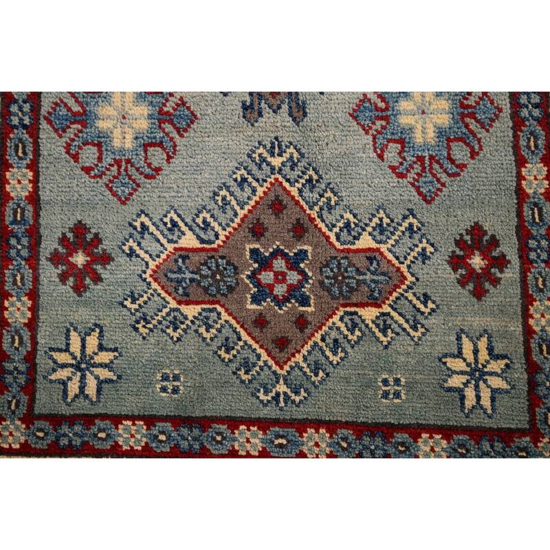 Light Blue Geometric Kazak Accent Rug Hand-Knotted Wool Carpet - 2'7" x 4'3"
