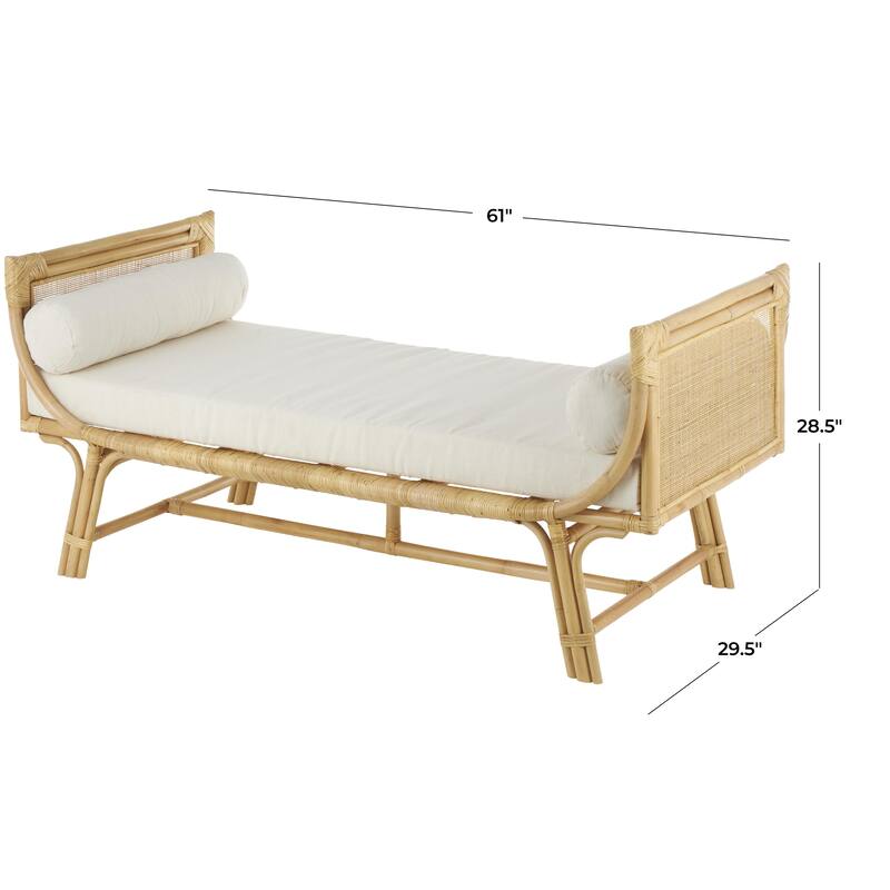 Light Brown Rattan Wrapped Home Bench with White Fabric Seat and Side Cushions