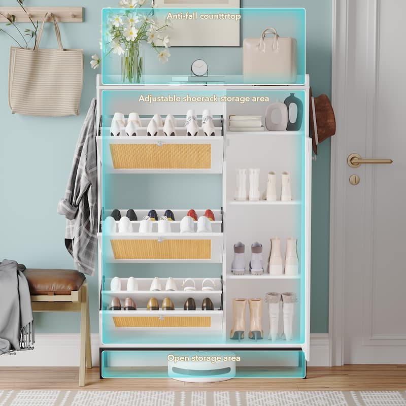 Rattan Shoe Cabinet with 3 Flip Drawers and 4-Tier
