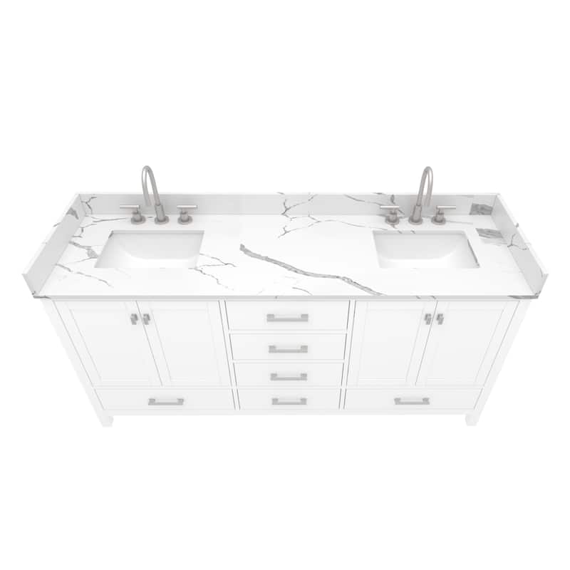 Nephelily 72 inch Transitional White Bathroom Vanity with Top - Quartz Top Calacatta River 