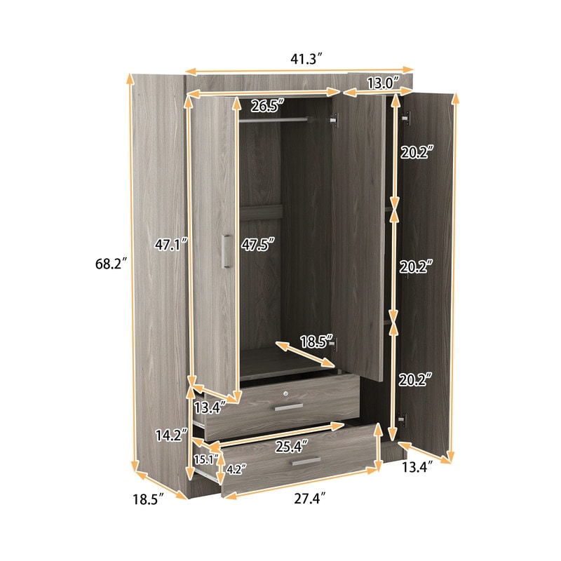 3 Doors Wardrobe Armoire with 2 Drawers, Freestanding Armoire
