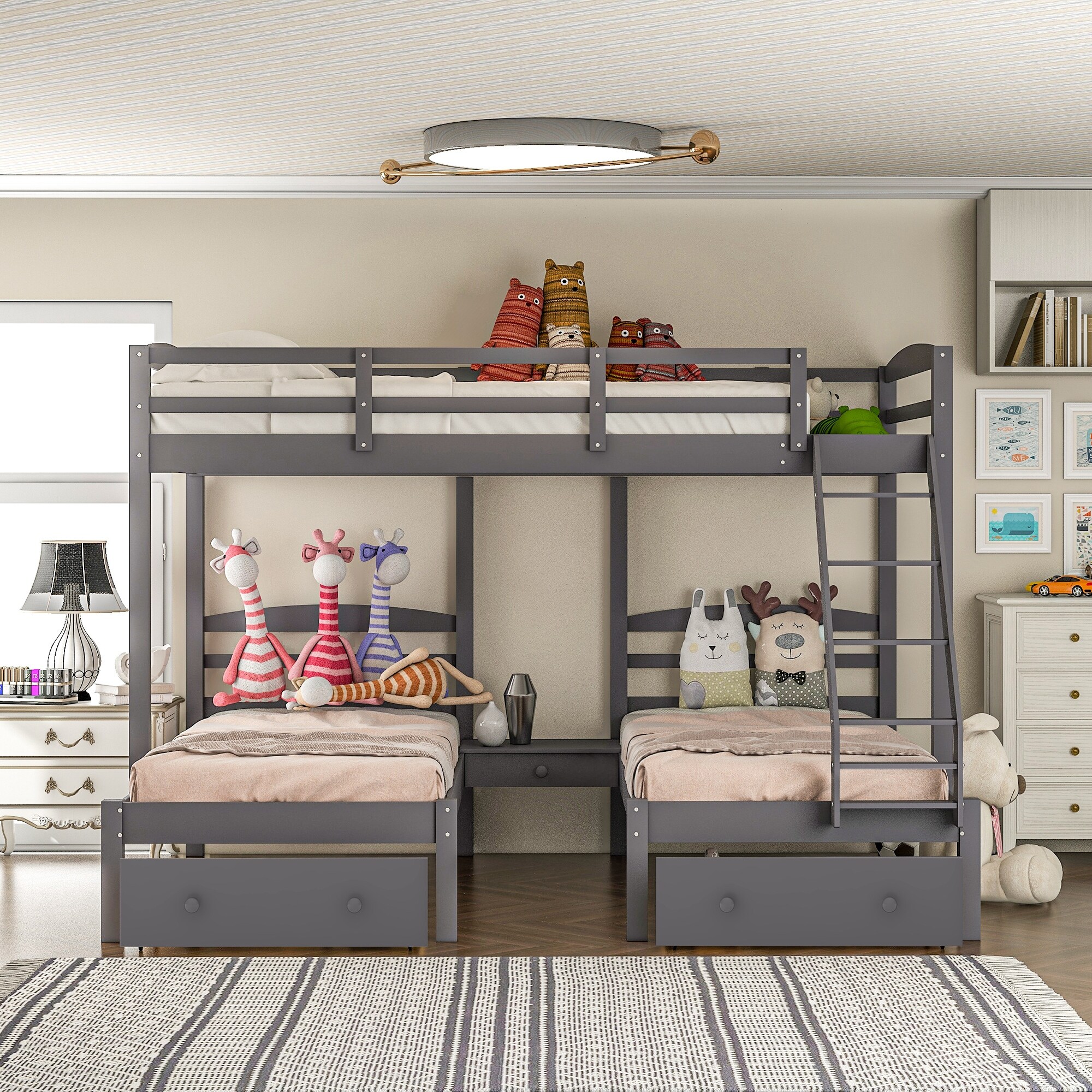 Full over Twin Twin Grey Triple Bunk Bed 99.4 L 99 W