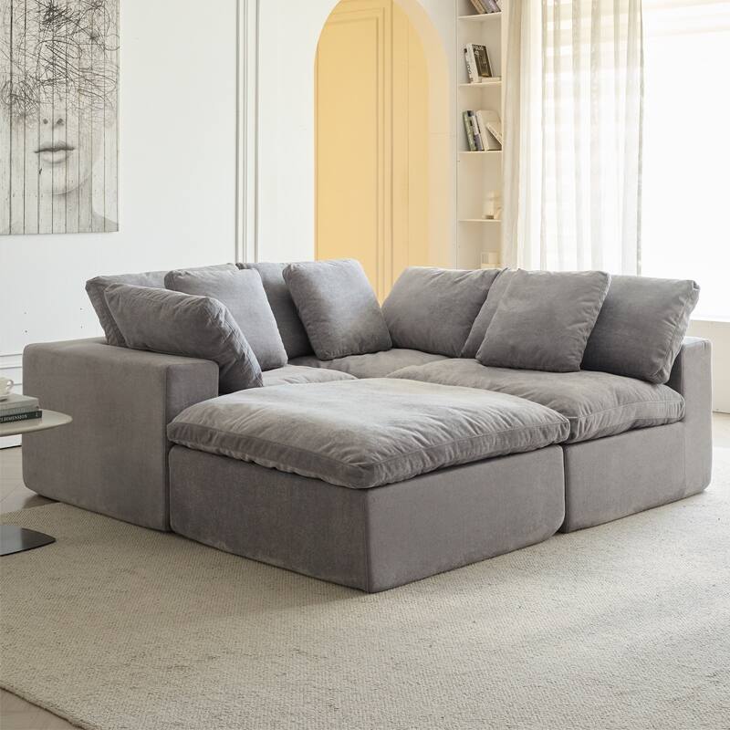 Flannel Sleeper Sofa Bed Modular Deep Seat Couch L-shaped Sectional Sofa with Ottoman Chaise Lounge and Pillows for Living Room