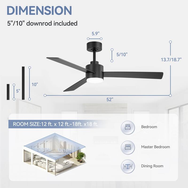 52-inches 3-Blade Ceiling Fan With Remote Downrod