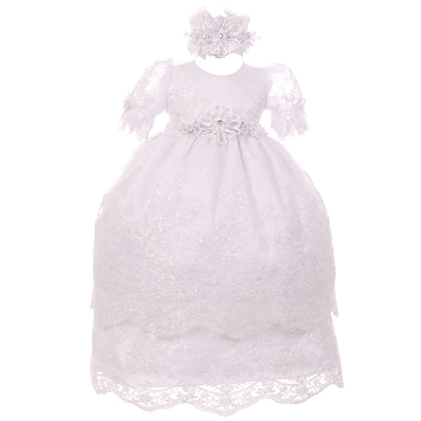 RainKids Little Girls White Puff Sleeve Headband 3 Pc Baptism Gown Set