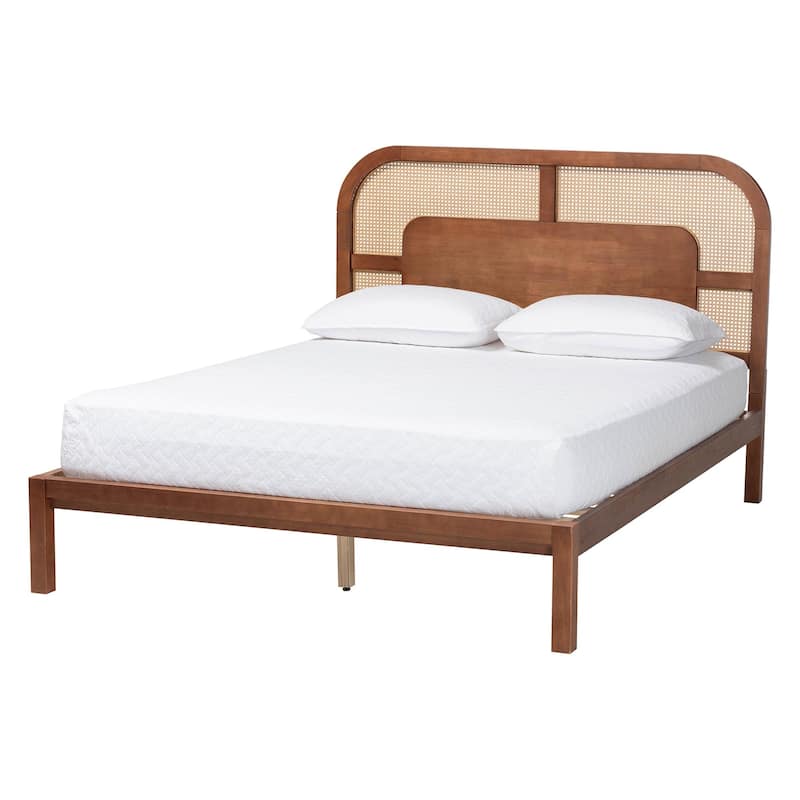Raewyn Wood Platform Bed - Low Profile Bed Frame with Decorative Rattan Weave Inlay and Rounded Headboard, Queen - Walnut Brown
