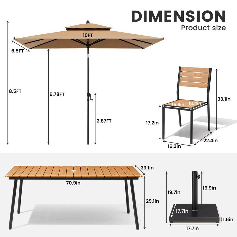 9-Piece Patio Dining Set Aluminum Dining Table and Stackable Chairs with Umbrella and Base