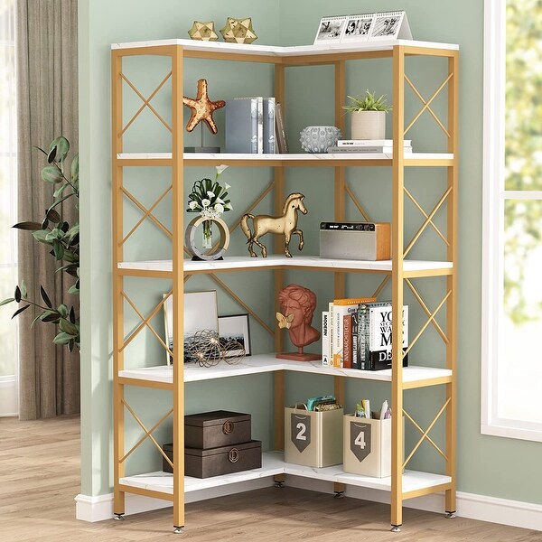 5-Shelf Corner Bookshelf, Large Industrial Corner Bookcase Corner