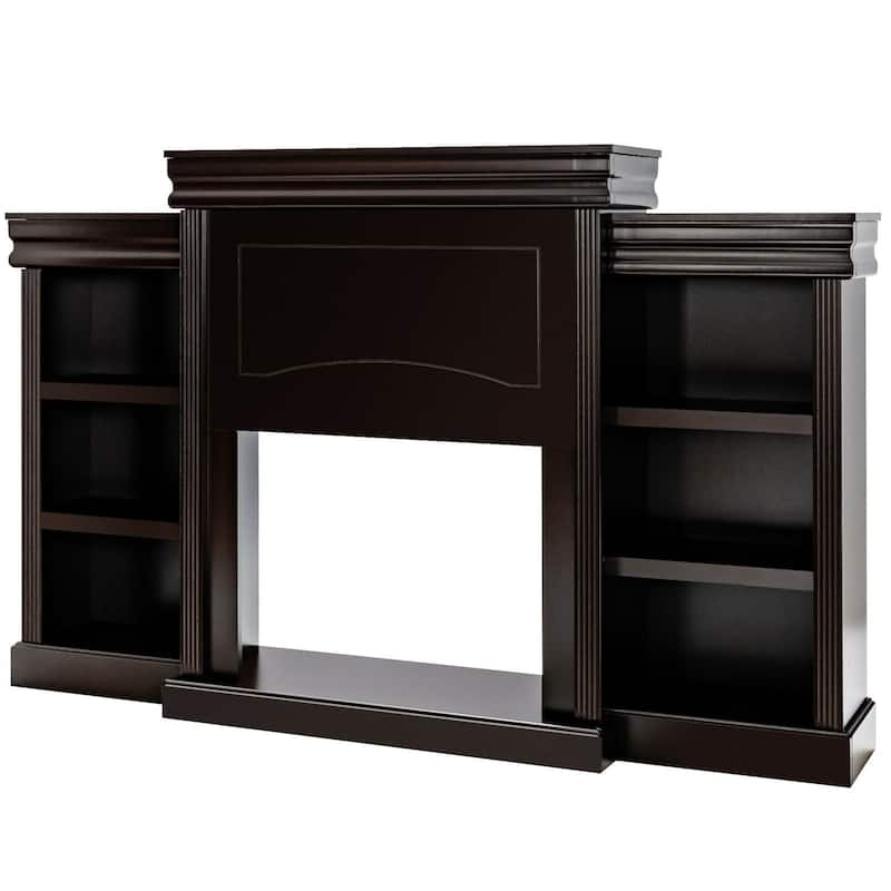 70-Inch Brown Media Entertainment Center with Bookcase and Fireplace Cabinet - 70" x 11"x 45"(L x W x H) - Brown