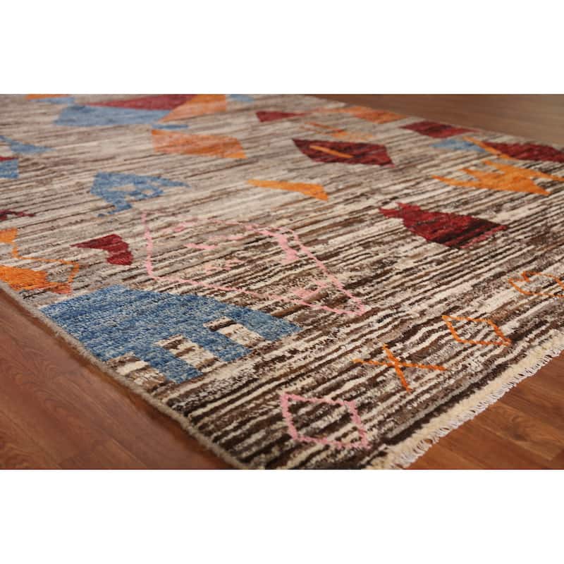 Moroccan Oriental Area Rug Hand-Knotted Brown Wool Carpet - 7'0" x 9'5" - 7'0" x 9'5" - Brown