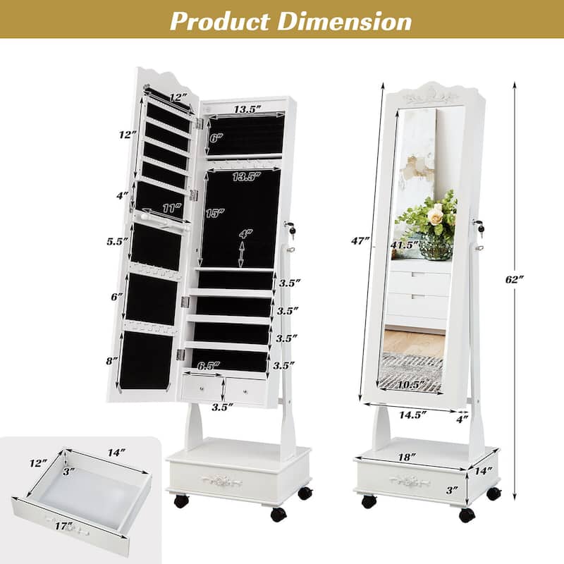 Gymax Rolling Jewelry Cabinet Armoire Full Length LED Mirror Lockable