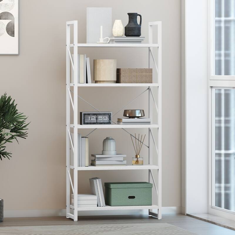 Moasis Industrial 62" Tall 5-Tier Bookshelf Open Shelf Bookcase for Living Room - White