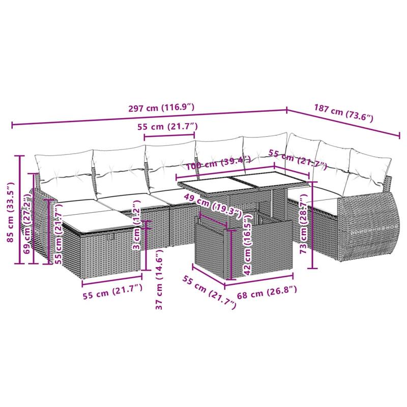vvidaXL Patio Sofa Set with Cushions Outdoor Furniture 9 Piece Poly Rattan