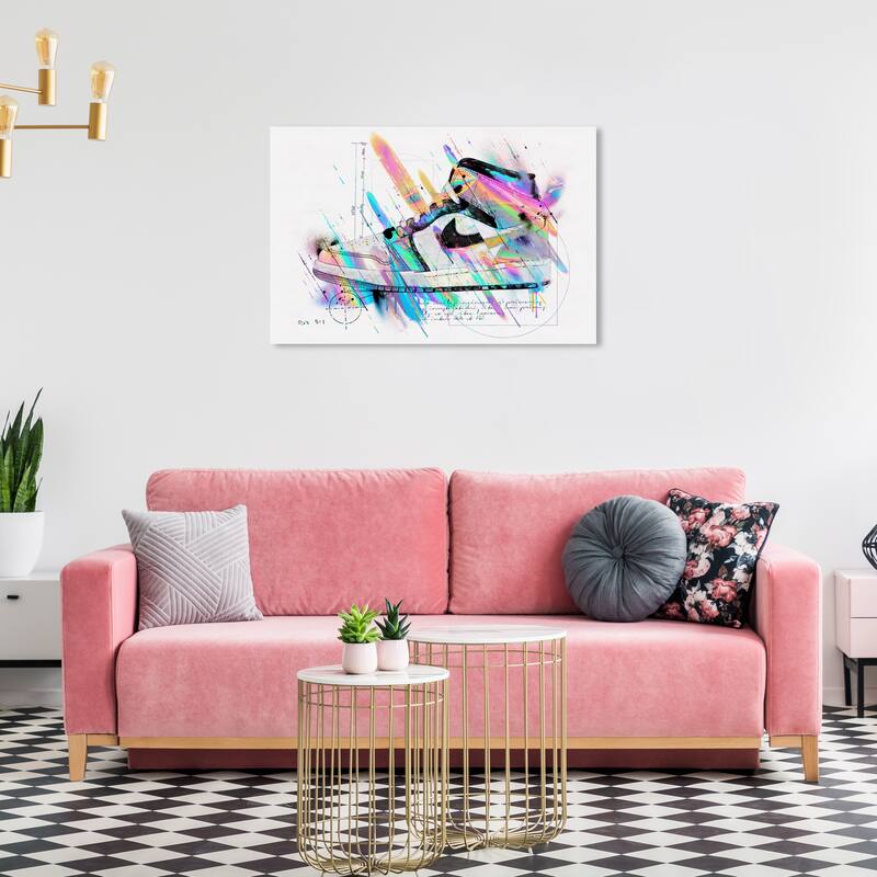 Wynwood Studio Fashion and Glam Artistic Sneaker Holo White and Cyan Modern & Contemporary Wall Art Canvas Print - 24 x 36
