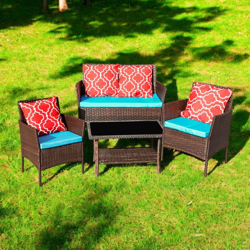 KISRAIS 4-Piece Outdoor PE Rattan Dining Set - Sapphire Blue