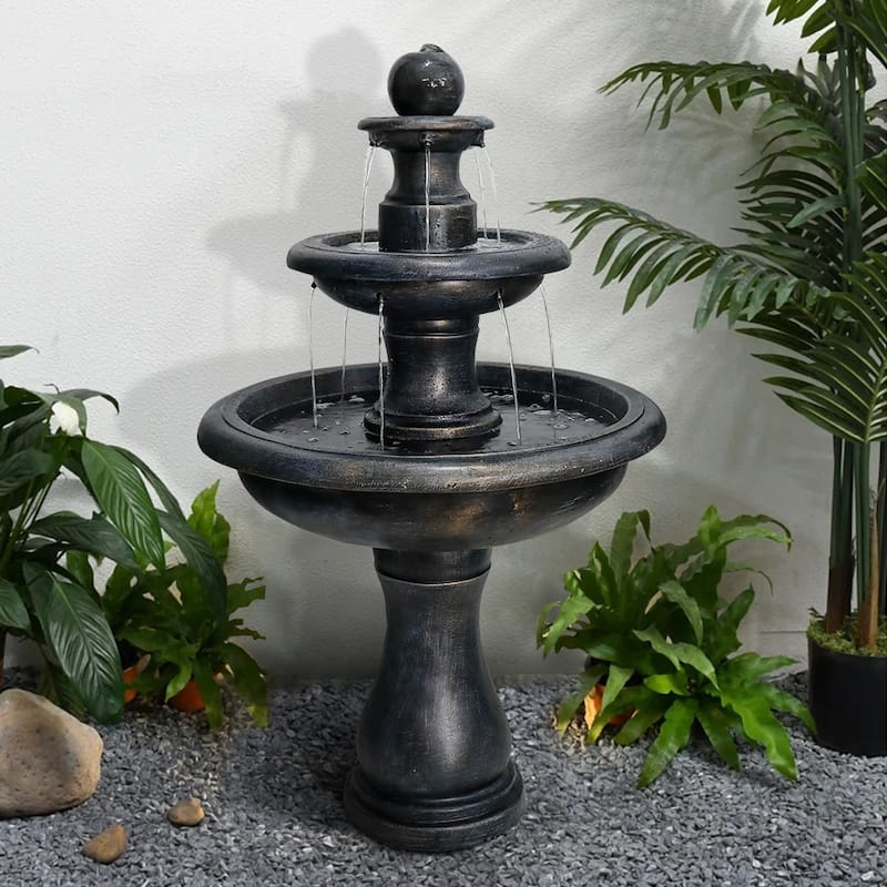 2 Tiered Floor Waterfall Fountain with Pump for Outdoor Patio Garden - Stone - Floor - Black