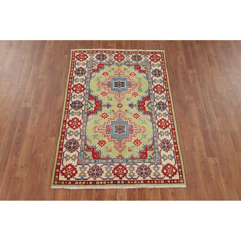 Pistachio Green Geometric Kazak Accent Rug Handmade Wool Carpet - 3'3" x 4'11"