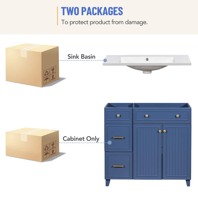 36" Bathroom Vanity Navy Blue Single Sink Bathroom Cabinet with Drawers - 36 Inch