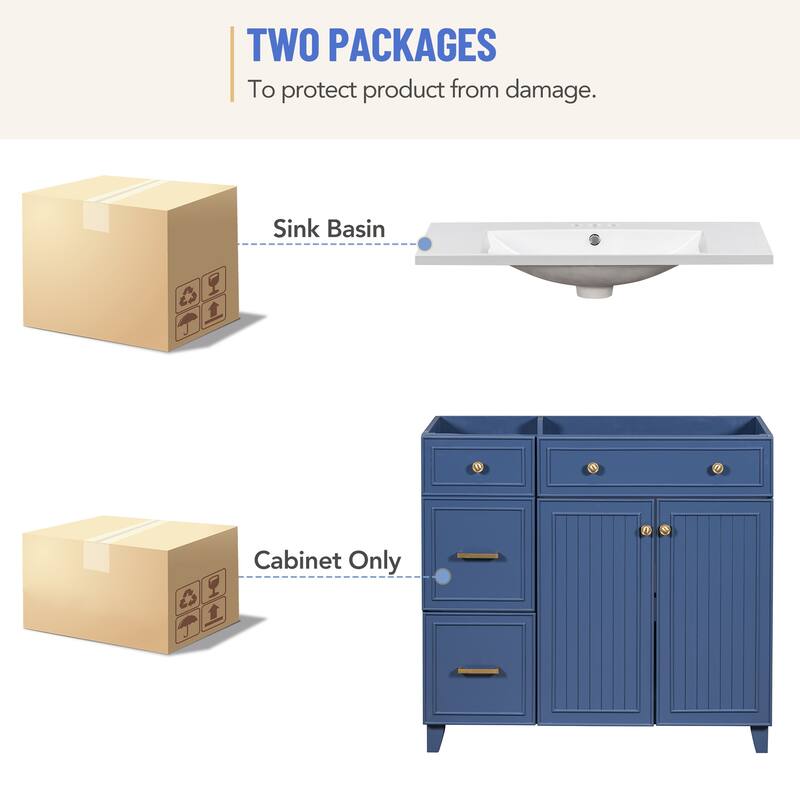Navy Blue Bathroom Storage Cabinet Resin One-piece Basin, 36" Single Sink Bathroom Vanity Cabinet with 2 Drawers, Soft-close