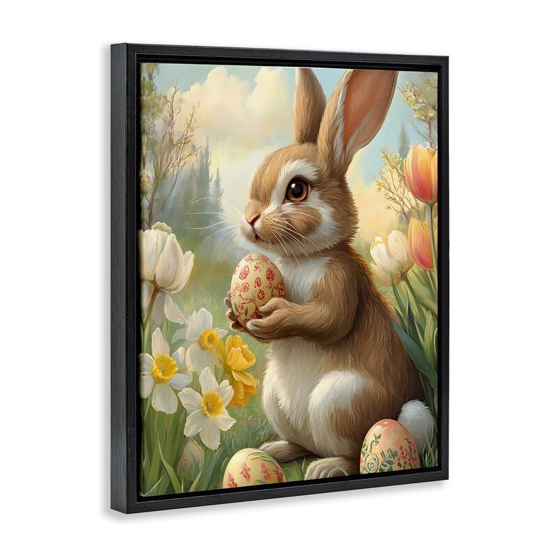 Stupell Easter Bunny with Painted Eggs Framed Floater Canvas Wall Art Design By Franklyn Gregory