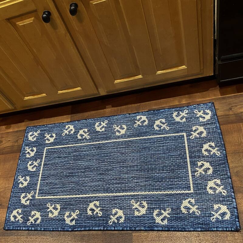 Sevita Tides Nautical Anchor Border Navy/White Performance Indoor/Outdoor Area Rug