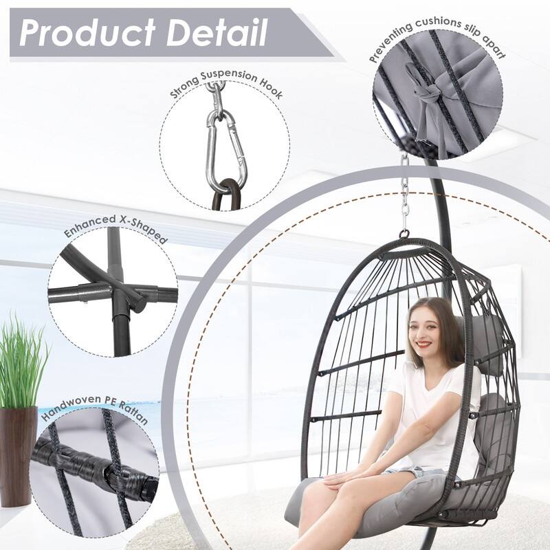 FINCATI Indoor Royal Oversized Hanging Egg Chair with Stand, 350 lbs Outdoor Egg Swing Chair with Stand, Cozy Egg Chair Swing
