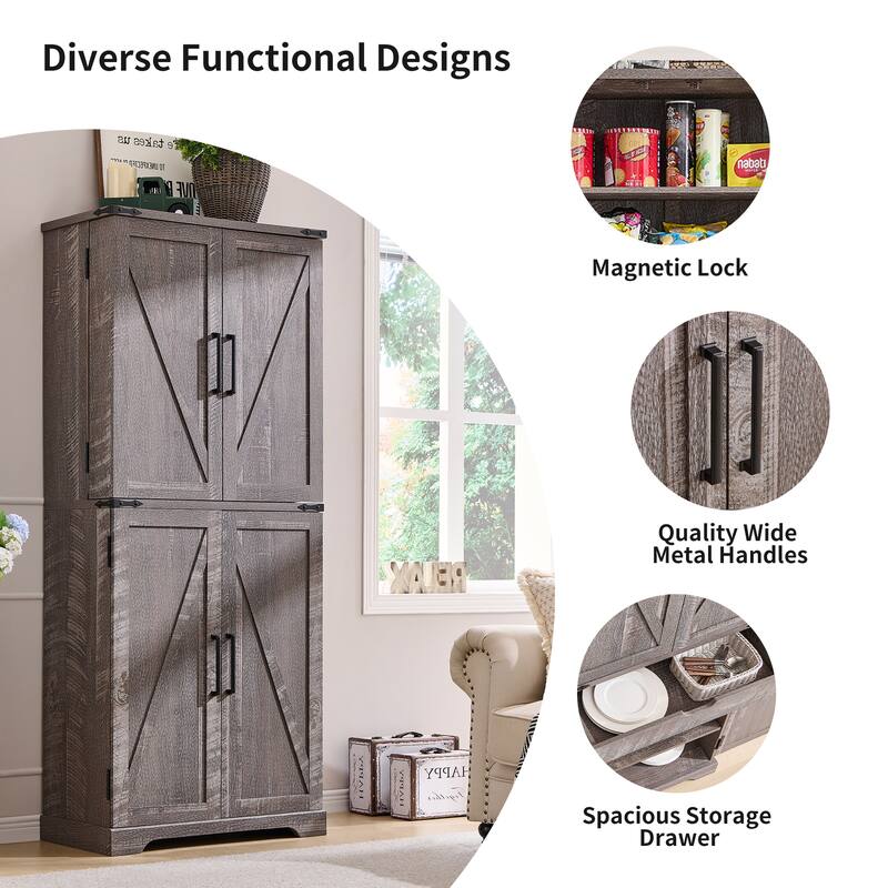 Farmhouse Wood Pantry Cabinet with Barn Doors, Adjustable Shelves