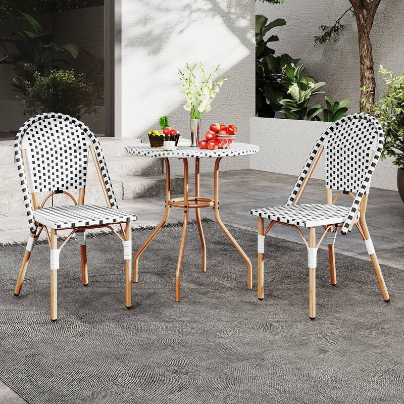 3 Piece Black-White PE Rattan Metal Patio Bistro Set with Ergonomic Chairs - Chair: 22” x 16” x 35”