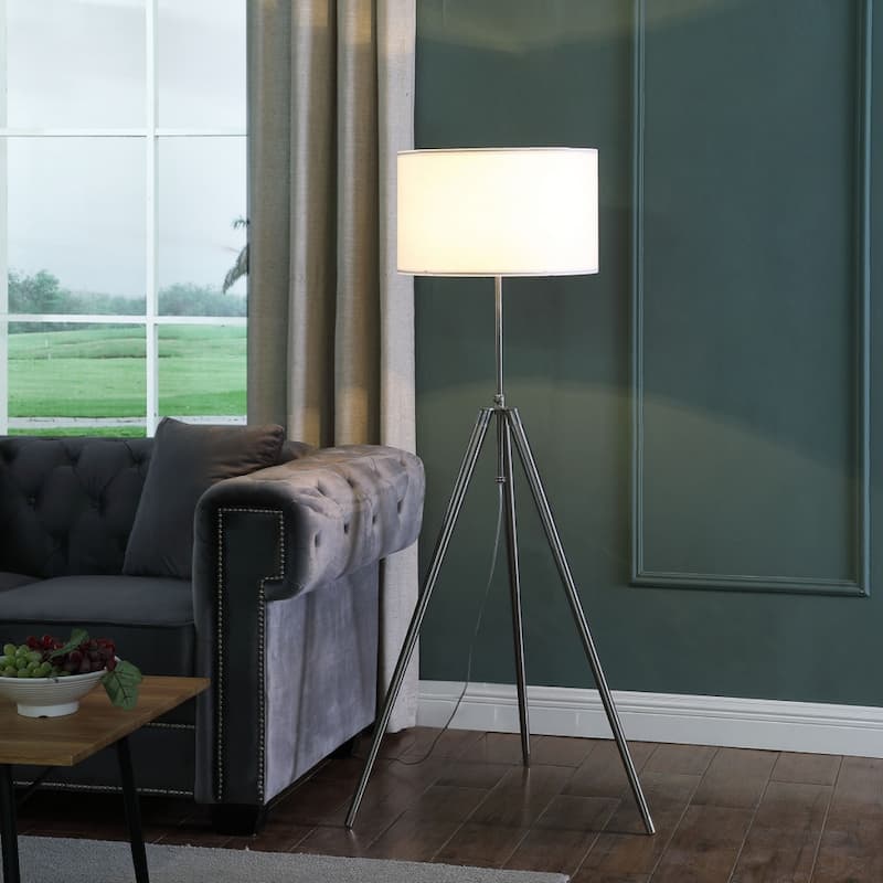 Silver Metal Adjustable Tripod Floor Lamp with White Fabric Shade In-Line Switch and Outlet - 25.5” x 25.5” x 64” (D x W x H)