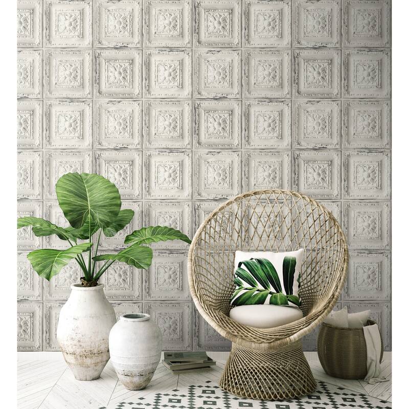 NextWall Distressed Tin Tile Peel and Stick Removable Wallpaper - 20.5 in. W x 18 ft. L