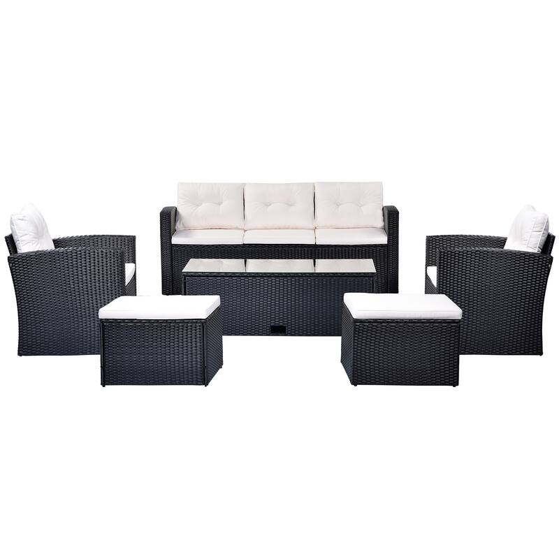 6-Pieces Outdoor Rattan Conversation Sofa Set with Coffee Table and 2 Ottoman