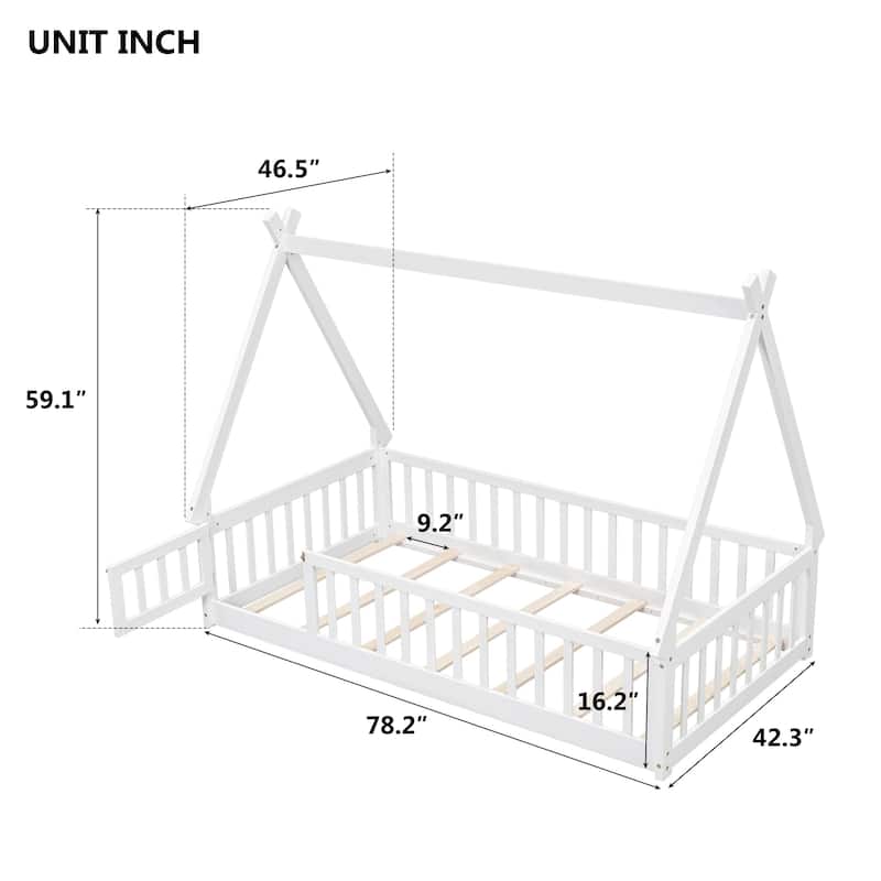Kids Teepee Bed with Guardrails, Twin/Full Size Floor Bed