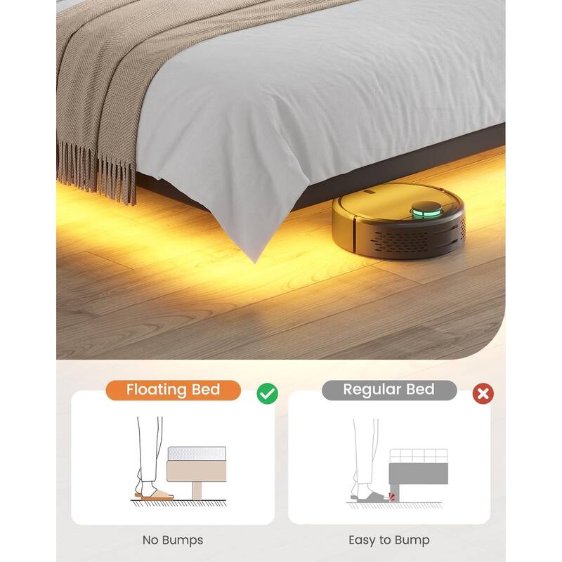 Floating Bed Frame Removable Thick Soft Headboard Charging Station Led Lights