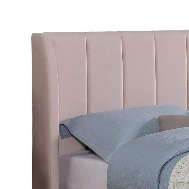 Pevy Twin Size Bed, Tufted Wingback in Light Pink Velvelike Upholstery