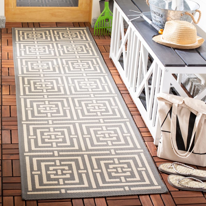 SAFAVIEH Courtyard Ginger Indoor/ Outdoor Waterproof Patio Backyard Rug - 2'3" x 8' Runner - Grey/Cream