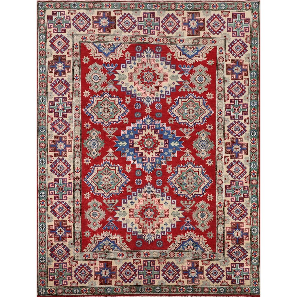 Traditional Kazak Oriental Area Rug Handmade Red Wool Carpet - 5'0" x 6'7"