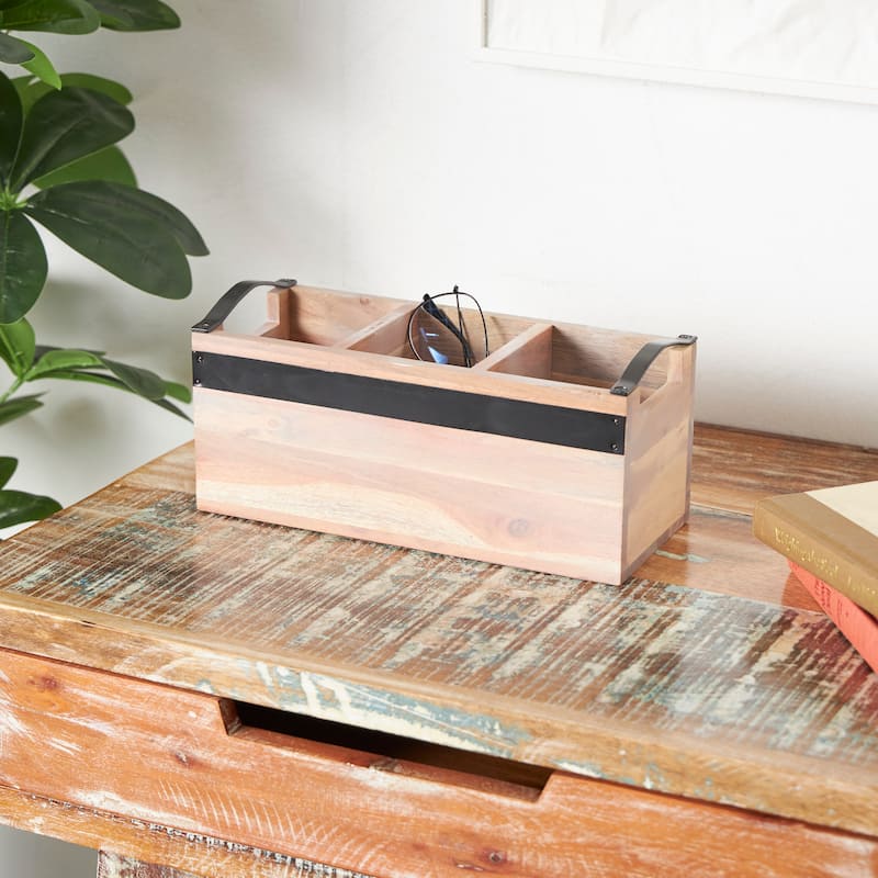 Modern Mango Wood 3 Section Tray with Black Metal Handles - Brown or Beige - Beige