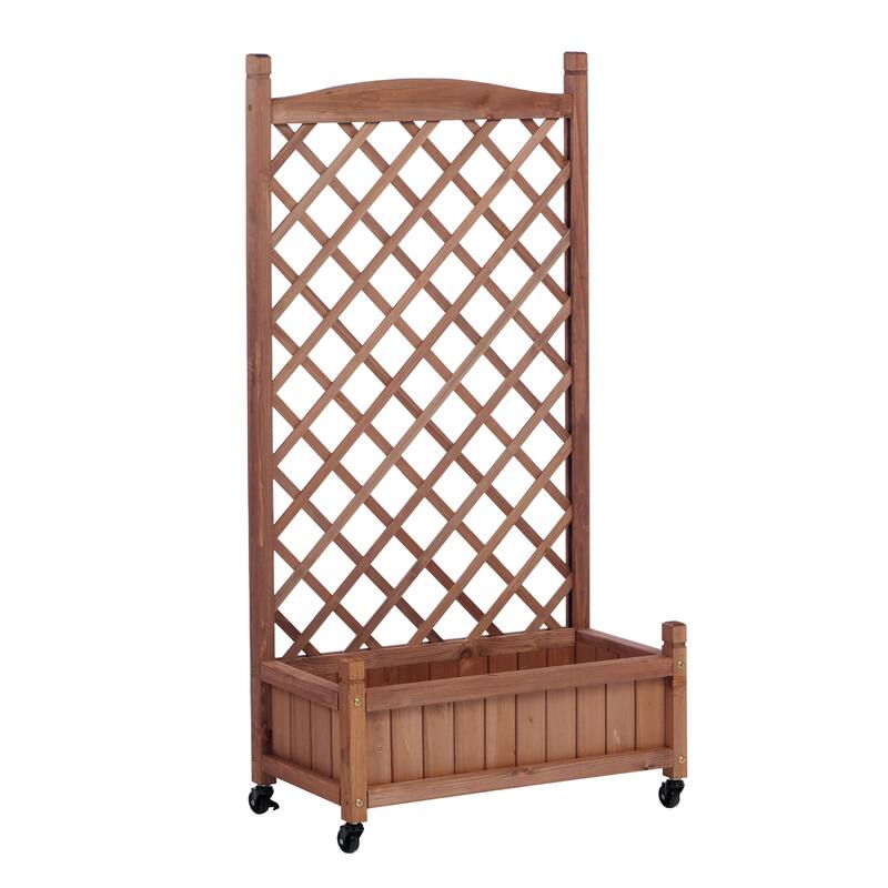 Set of 2 Portable Wood Planter Garden Bed with Wheels Drainage Trellis