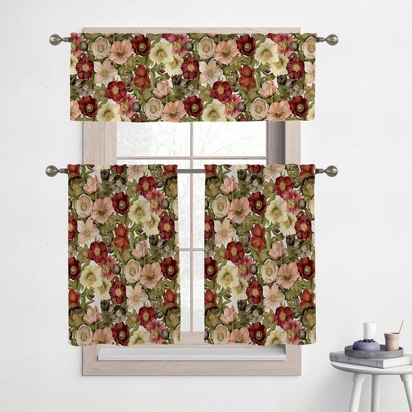 slide 1 of 1, Laural Home Vintage Petals 36" Kitchen Curtain Valance and Tiers Set