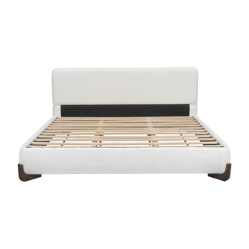 Roomfitters King Boucle Upholstered Bed Frame with Wood Legs, White