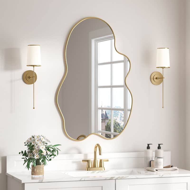 Anmytek Modern Gold Irregular Asymmetrical Wall Mirror - 35.4"x23.6" Decorative Mirror for Bathroom, Living Room, Bedroom - Gold
