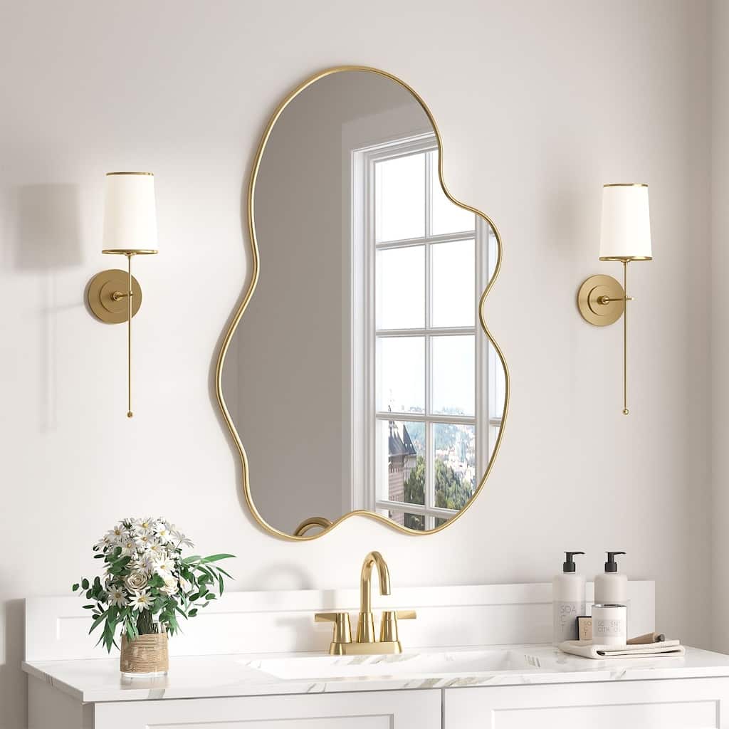 Anmytek Modern Gold Irregular Asymmetrical Wall Mirror - 35.4"x23.6" Decorative Mirror for Bathroom, Living Room, Bedroom