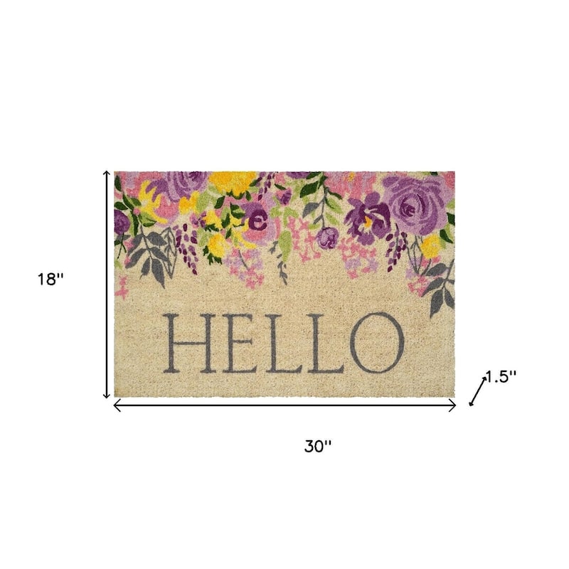 HomeRoots 18" X 30" Brown Gray And Purple Floral Hello Outdoor Coir Door Mat - 18.00' X '30.00