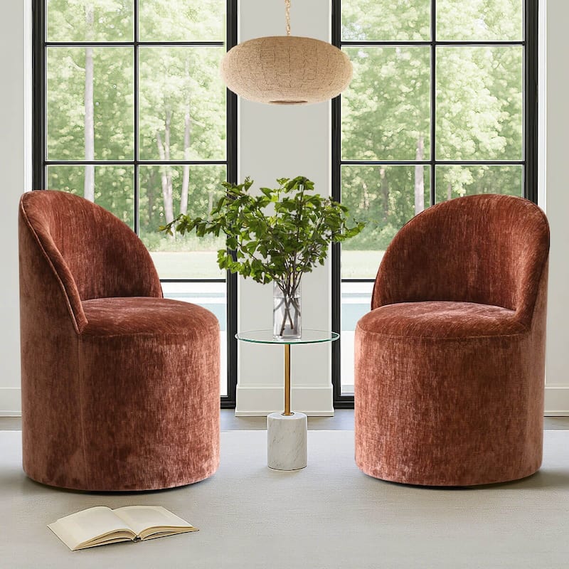 Chenille Rolling Upholstered Dining Chair with Castors (Set of 2)
