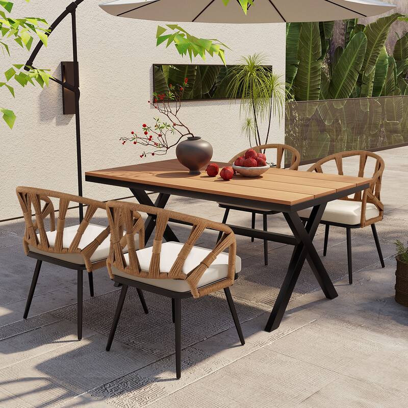 5 Pcs Outdoor Dining Table and Chairs Set, Patio Furniture Sets with PE Rattan Chairs and Rectangular Wood Table - Dark yellow