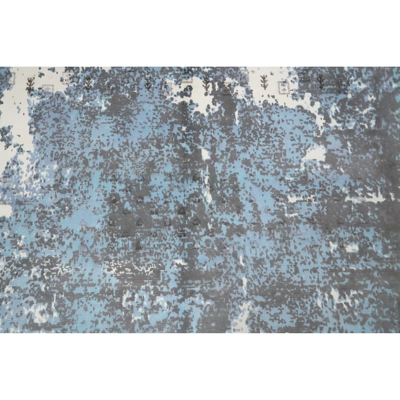 Hand Knotted Oriental Viscose Silk Carpet Modern Abstract Navy Blue & Blues Abstract Area Rug - 7' 5'' X 5' 4''