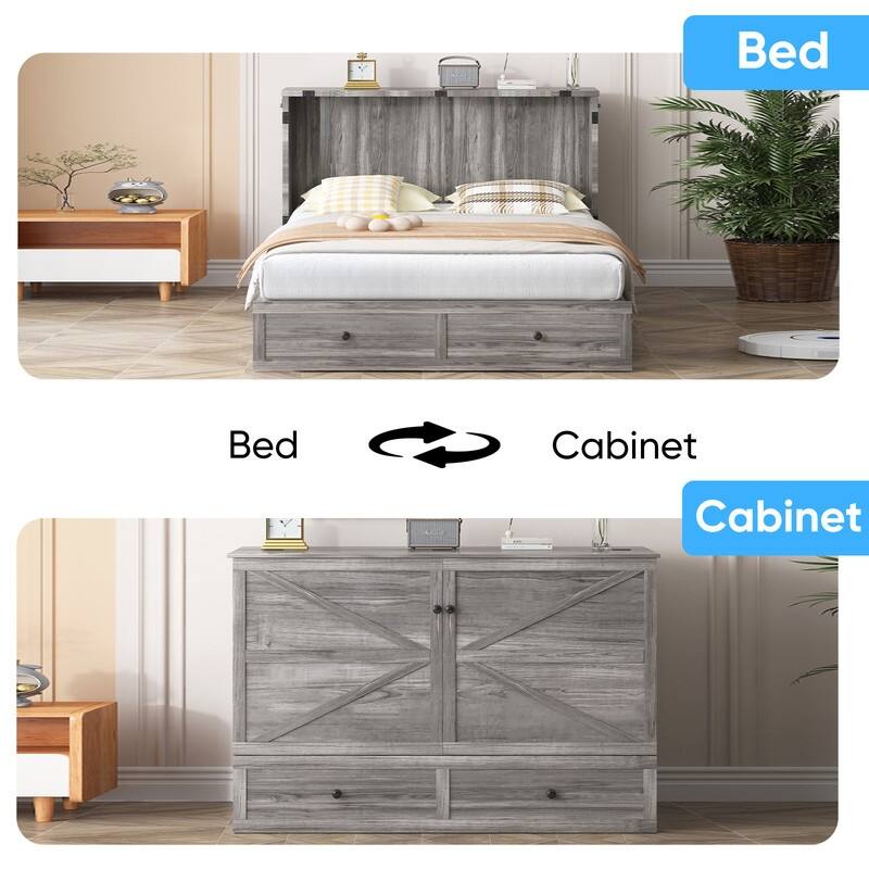 Mixoy Modern Full/Queen Size Murphy Bed Chest with Mattress and Storage