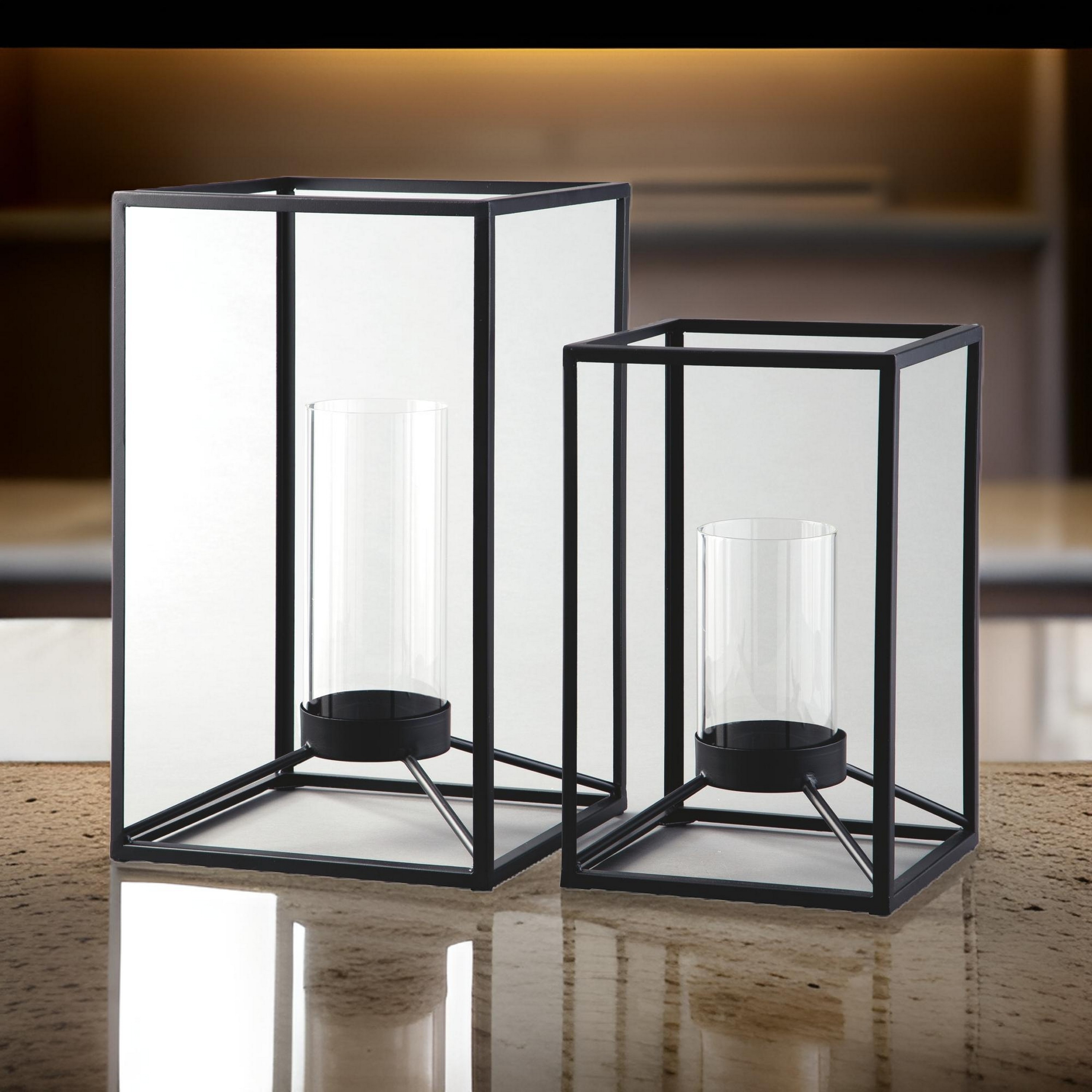 Metal Frame Lantern with Cylindrical Glass Hurricane, Set of 2