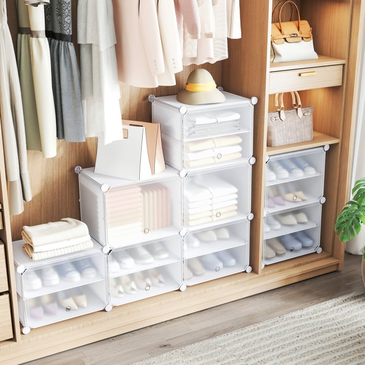 12-Cube Modular Shoe Rack Cabinet with Hooks & Doors - 49" x 12.5" x 49" (L x W x H)